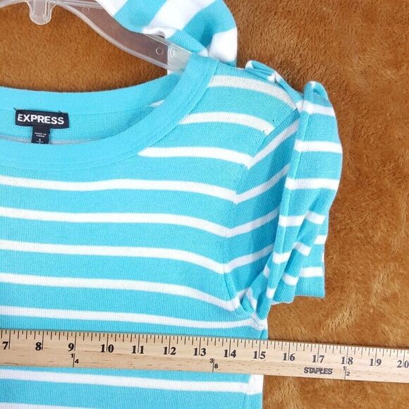 EXPRESS Womens Sweater Small Blue Pullover Crew White Stripe Stretch Knit - Picture 5 of 7
